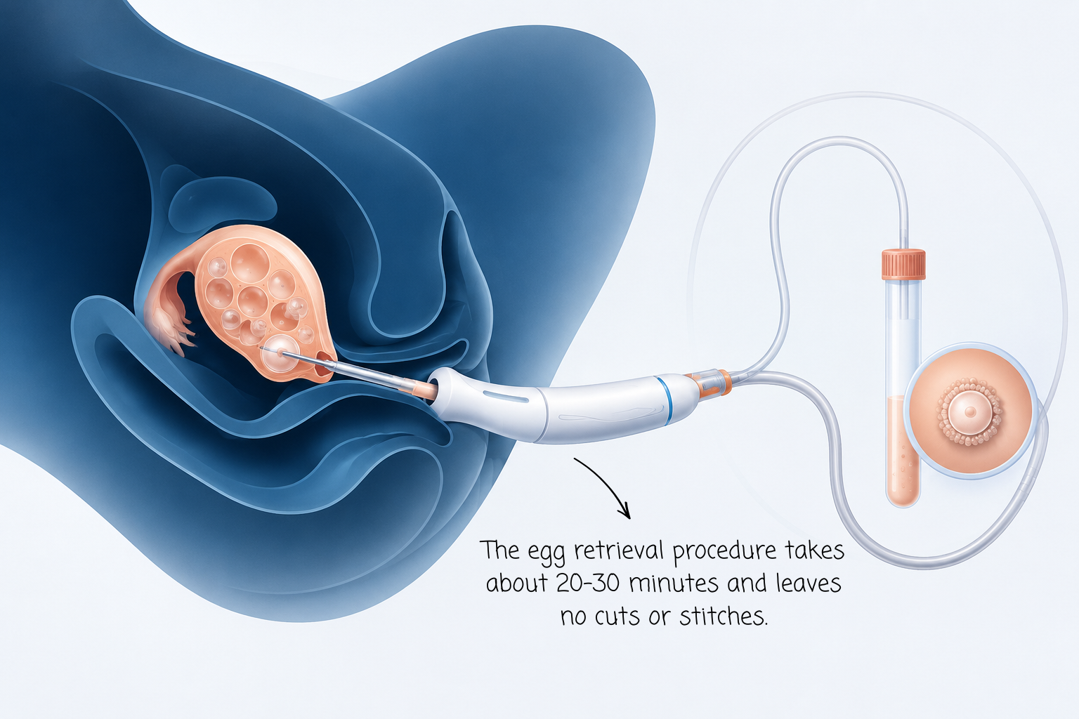 A medical graphic showing an ultrasound-guided egg retrieval procedure performed through the vaginal route to collect mature eggs under mild anaesthesia.