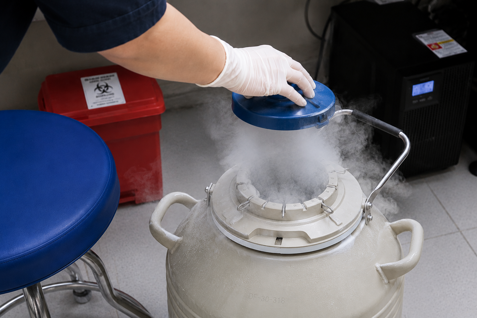 A medical graphic showing mature eggs being frozen and stored in a cryogenic tank using vitrification at ultra-low temperatures.